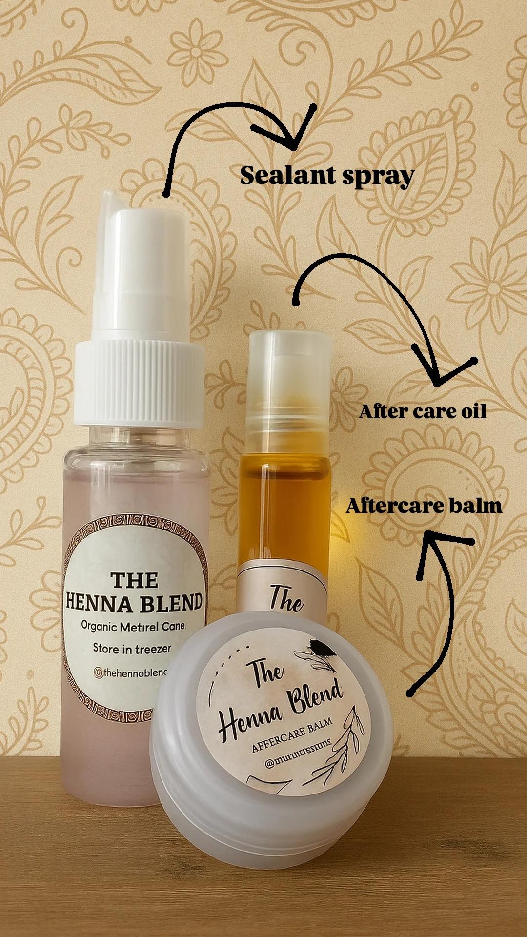 🌿 Henna Aftercare Kit – Sealant spray, Aftercare balm, Aftercare oil.